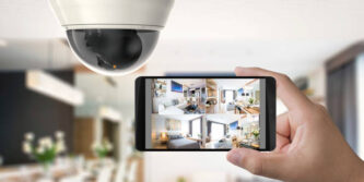 hand holding 3d rendering mobile connect with security camera